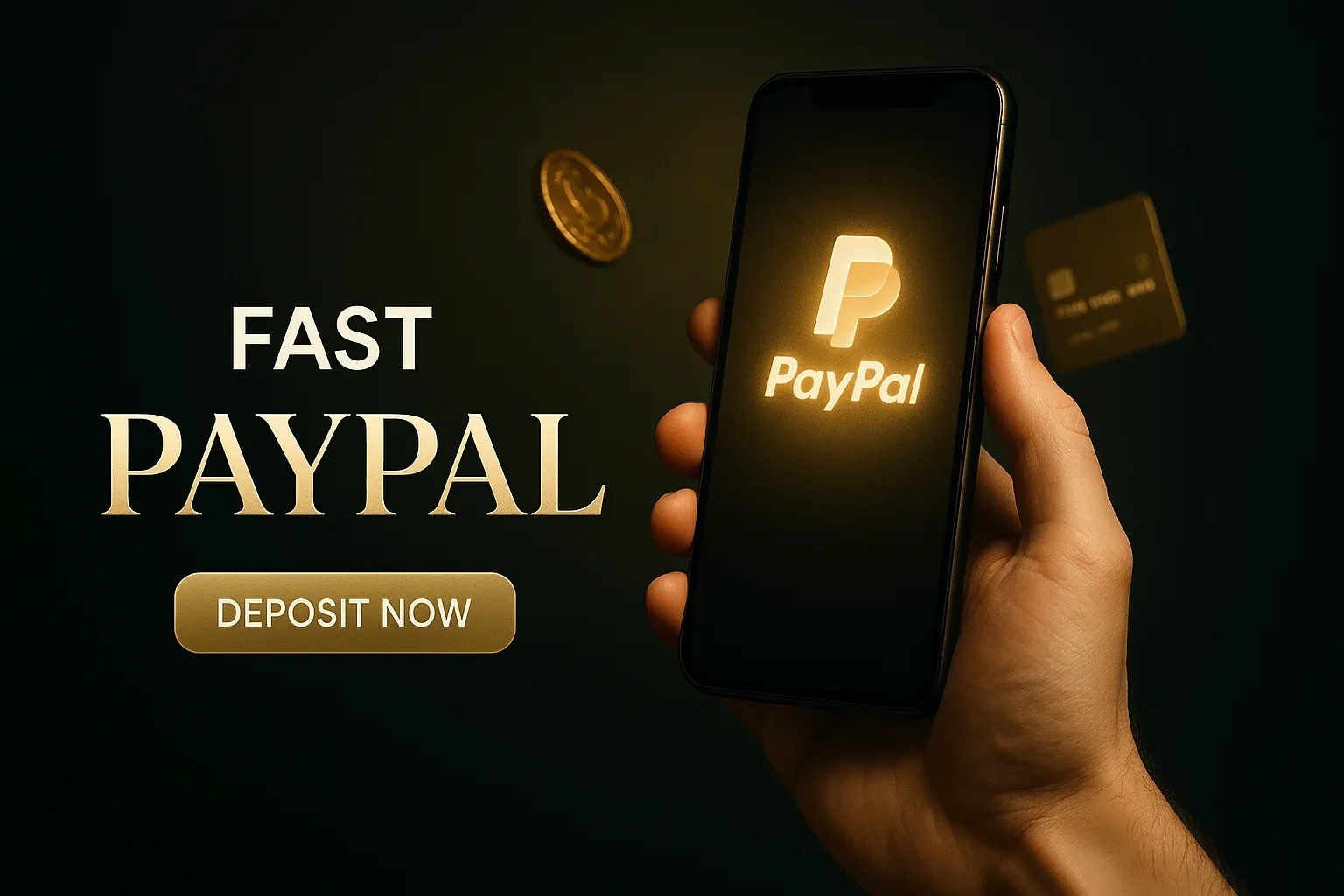 Photorealistic fintech casino banner with smartphone, gold glow, coins and CTA
