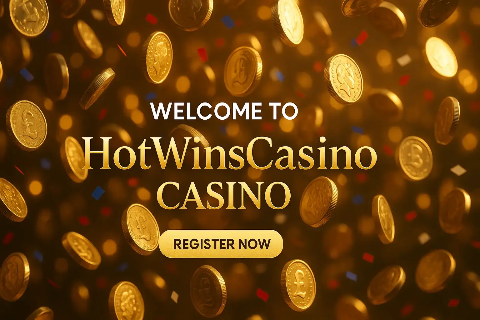 Photorealistic UK casino bonuses banner with gold pound coins and confetti