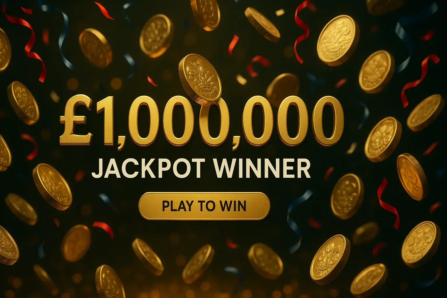Photorealistic casino banner with gold pound coins, confetti and £1,000,000 jackpot text