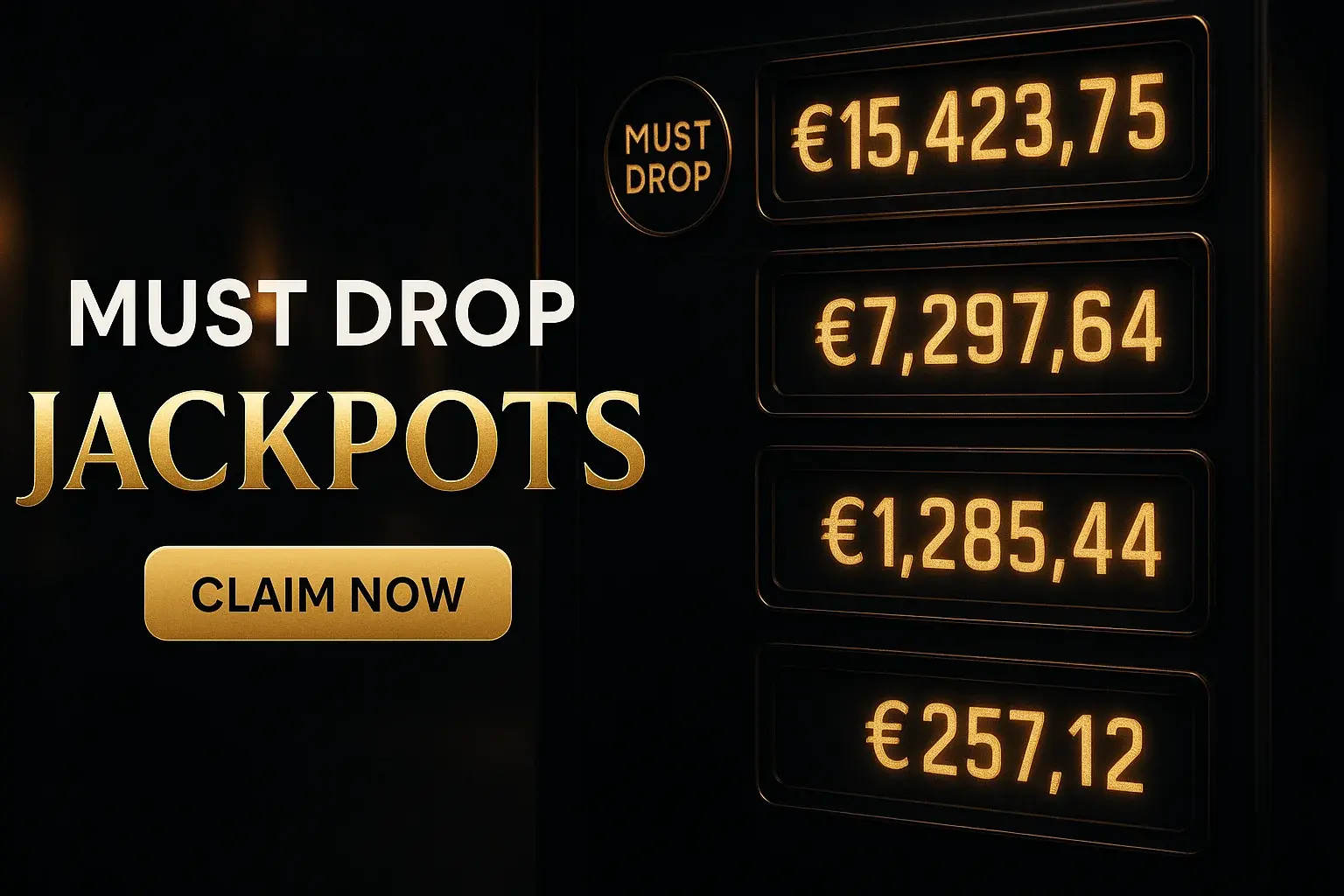 Premium casino banner with glowing jackpot ticker, Must Drop badge and CTA