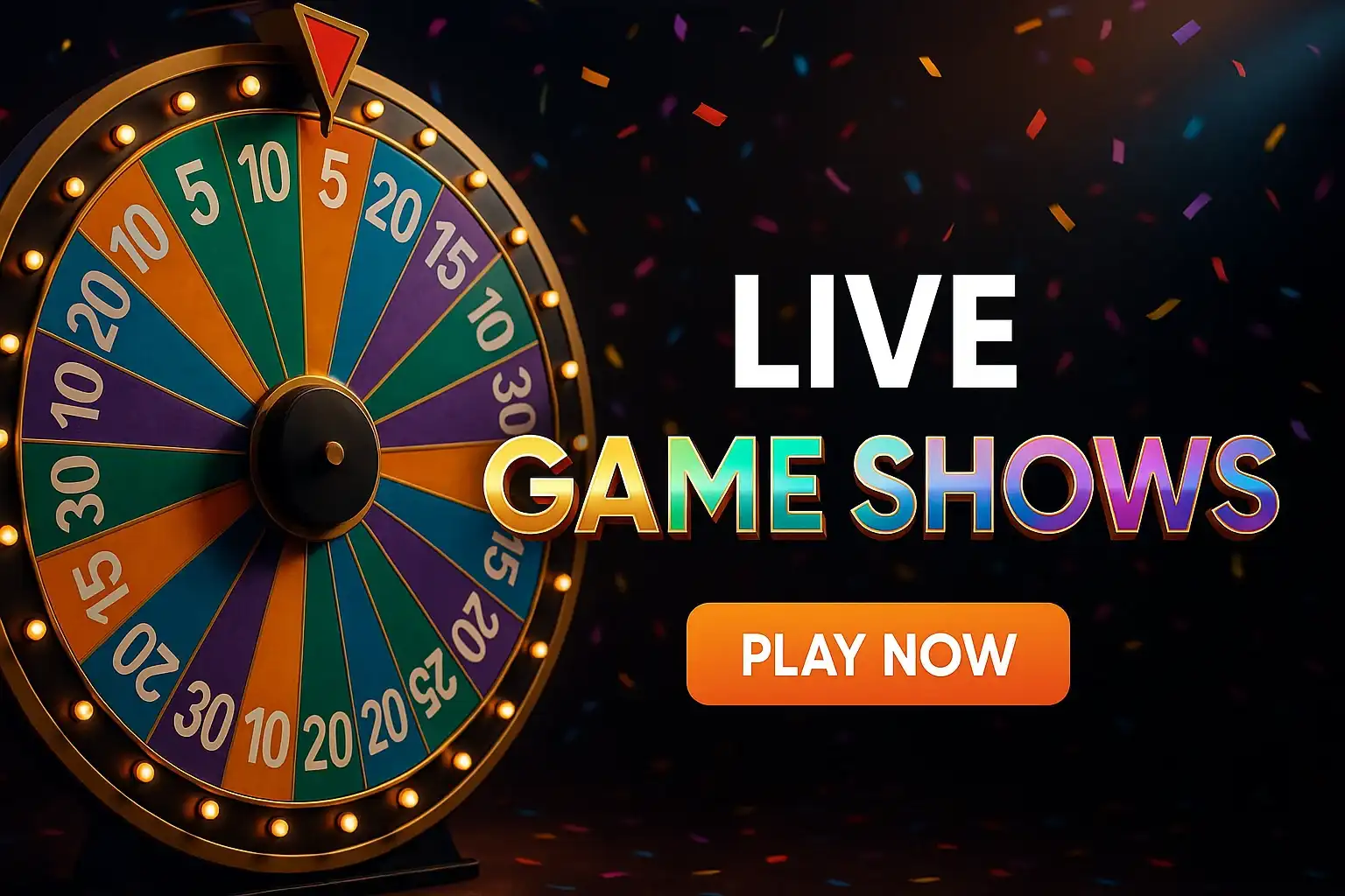 Photorealistic live casino game show wheel banner with confetti and CTA