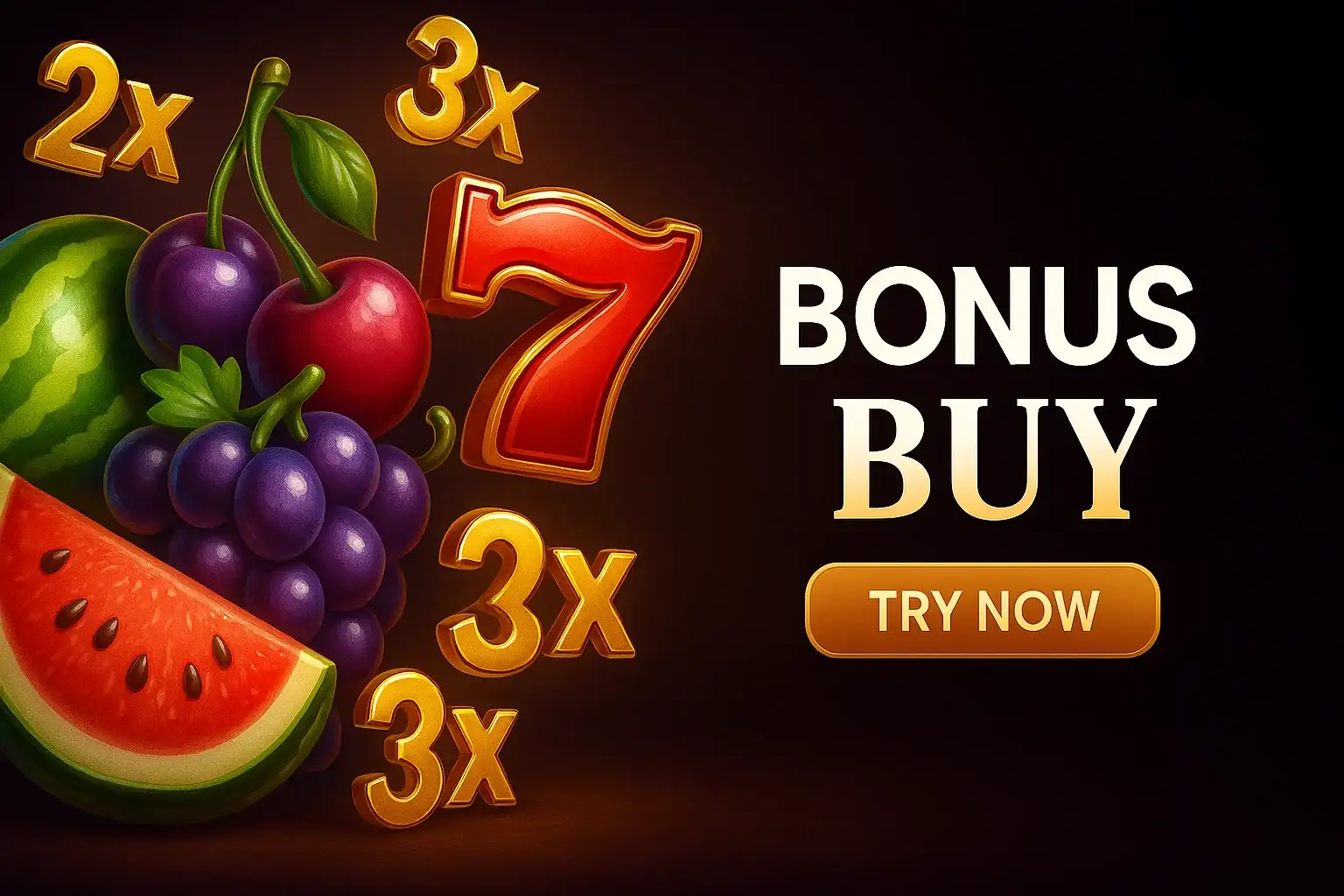 Photorealistic premium slots banner with fruity symbols, gold multipliers and bonus buy CTA