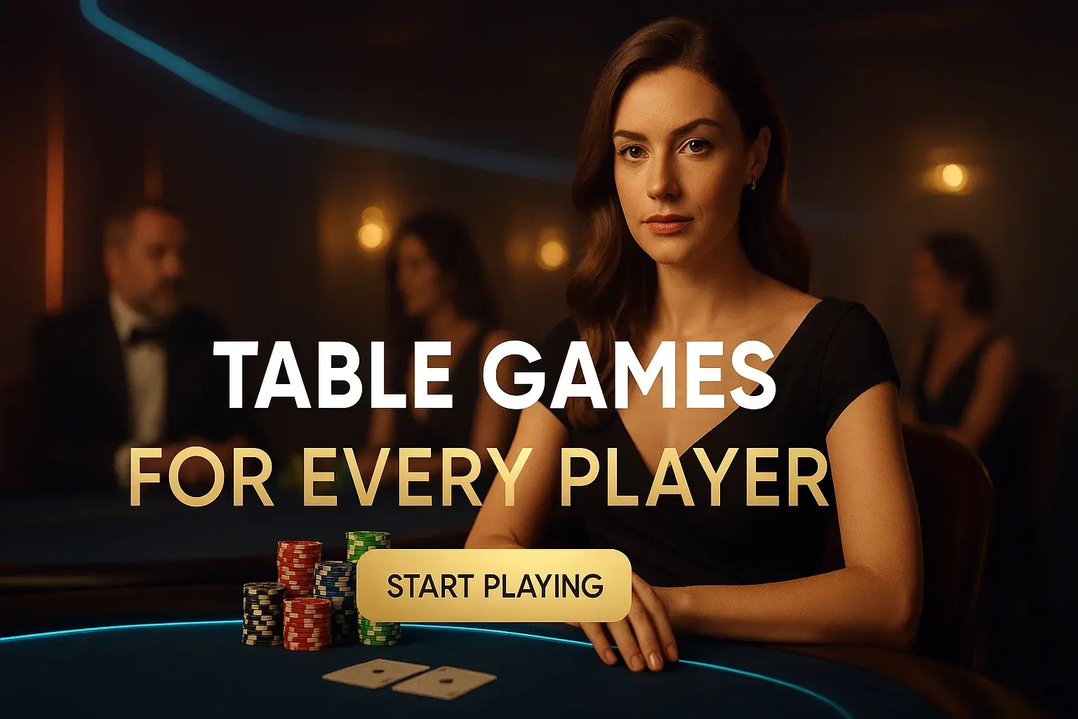 Photorealistic premium casino banner with British woman at poker table and centred text